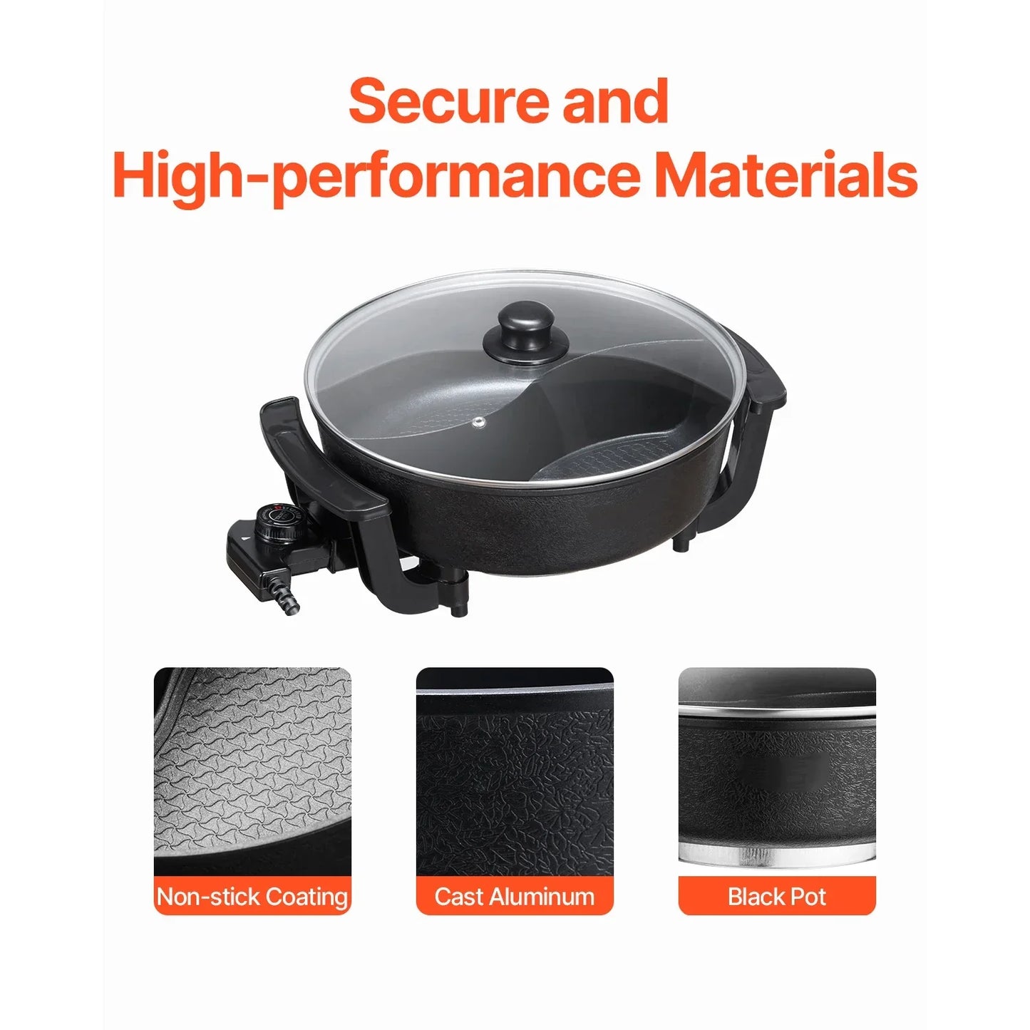 SucceBuy Electric Hot Pot 5 L Double-flavor Shabu Shabu Pot Non-Stick Electric Cooker with Divider Glass Lid for 6-10 People