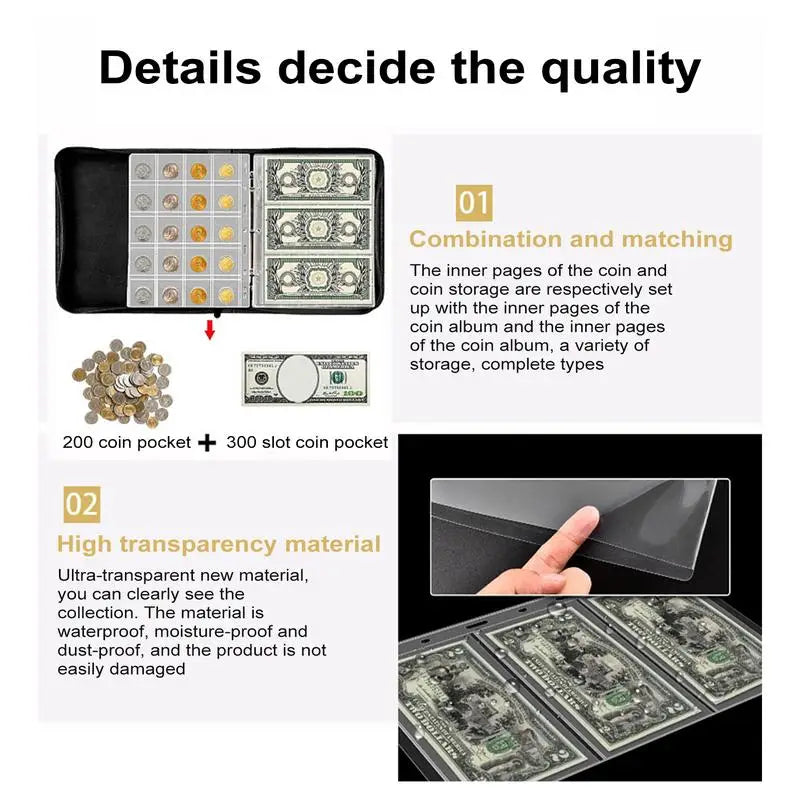 Portable Coin Collection Set 200 Coin 30 Paper Money Panels PVC Transparent Philatelic Book Album With Zipper Protection
