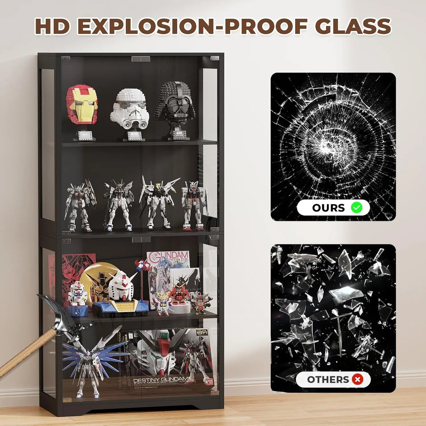 Display Cabinet with Glass Doors, 4-Tier Curio Cabinet with 3 Color Lights for Collectibles, Glass Display Case with Human Body