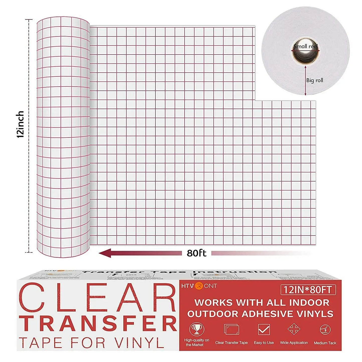 HTVRONT Clear Vinyl Transfer Paper Tape Roll-12 X 50 FT W/Alignment Grid Application Tape for Adhesive Vinyl for Decals