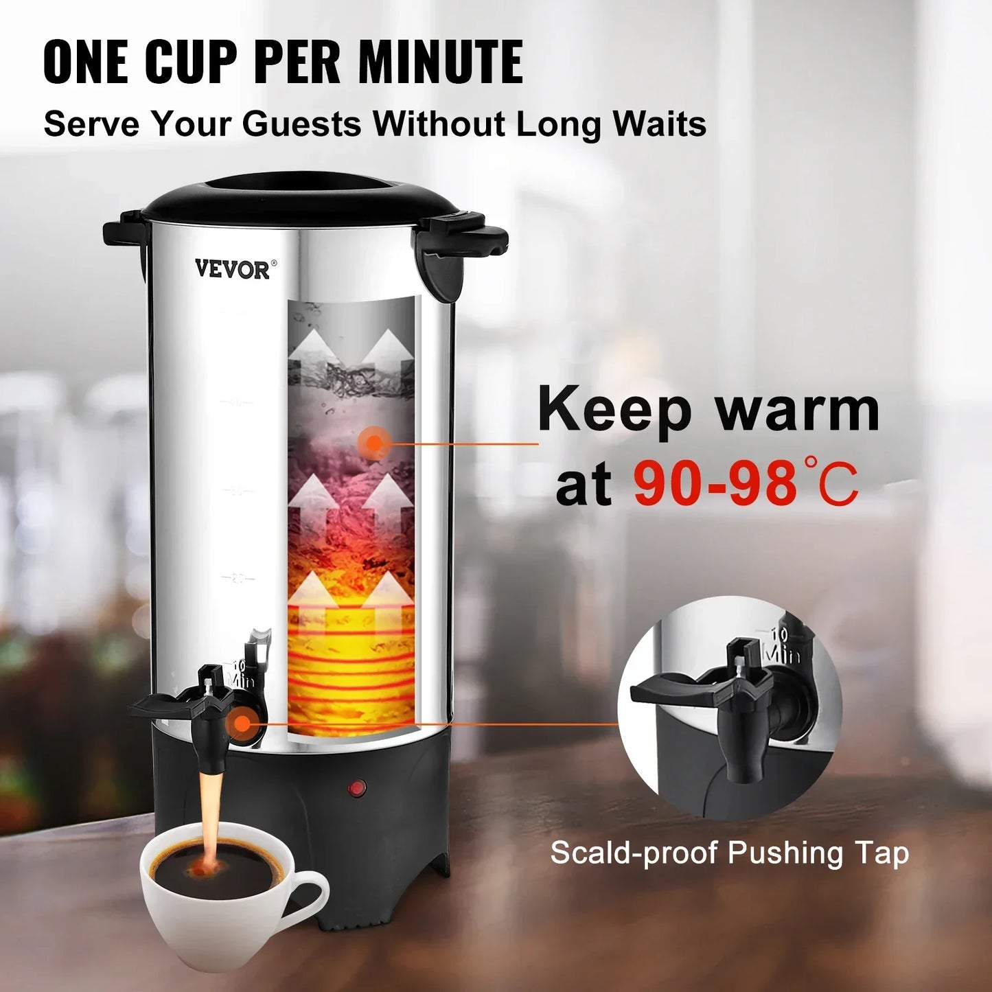 SucceBuy 50 Cups Commercial Coffee Urn Stainless Steel Large Coffee Dispenser 1000W Electric Coffee Maker Urn For Quick Brewing