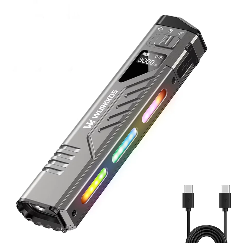 Wurkkos TD11 Rechargeable Tactical Flashlight Portable Digital Display USB-C 3000Lm IPX6 Waterproof Tail Switch For Campi