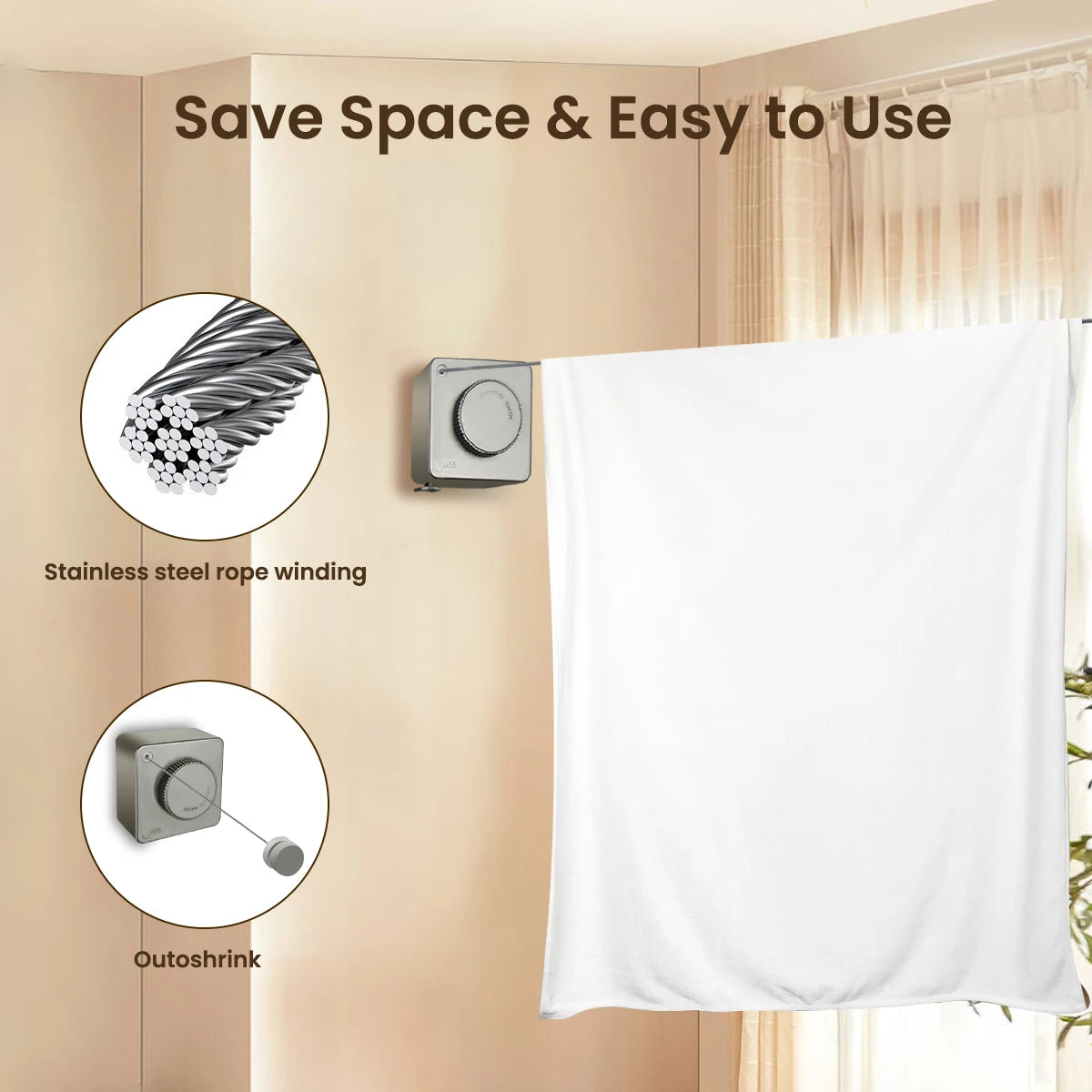 1 Pcs Indoor Retractable Clothesline Non Sagging Outdoor Clothesline Wall Mounted Stainless Steel Rope 15.1 Feet Gray