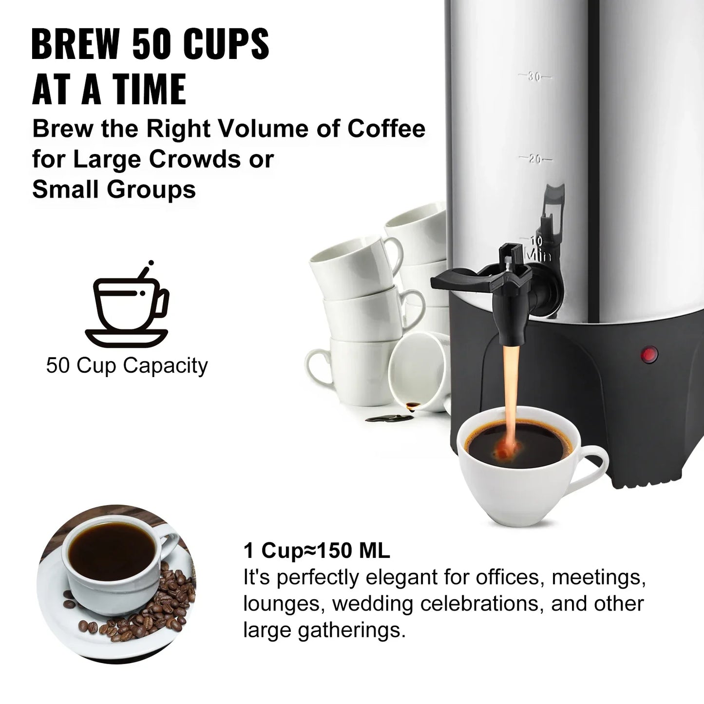 SucceBuy 50 Cups Commercial Coffee Urn Stainless Steel Large Coffee Dispenser 1000W Electric Coffee Maker Urn For Quick Brewing