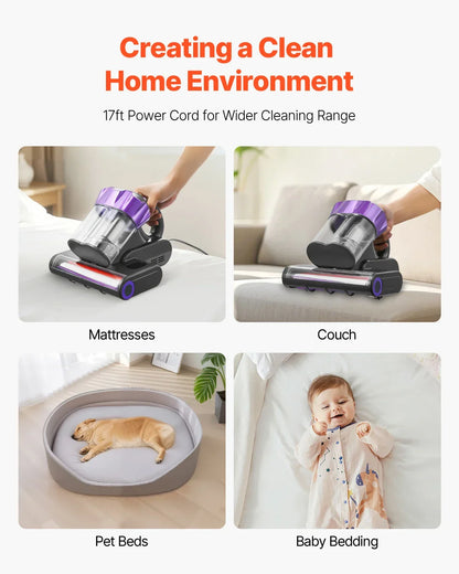SucceBuy Mattress Vacuum Cleaner w/ 18Kpa Powerful Suction Dual Dust Bin HEPA Filter & Heating Ultrasound Handheld for Bed Sofa