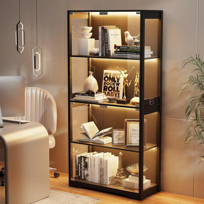Display Cabinet with Glass Doors, 4-Tier Curio Cabinet with 3 Color Lights for Collectibles, Glass Display Case with Human Body