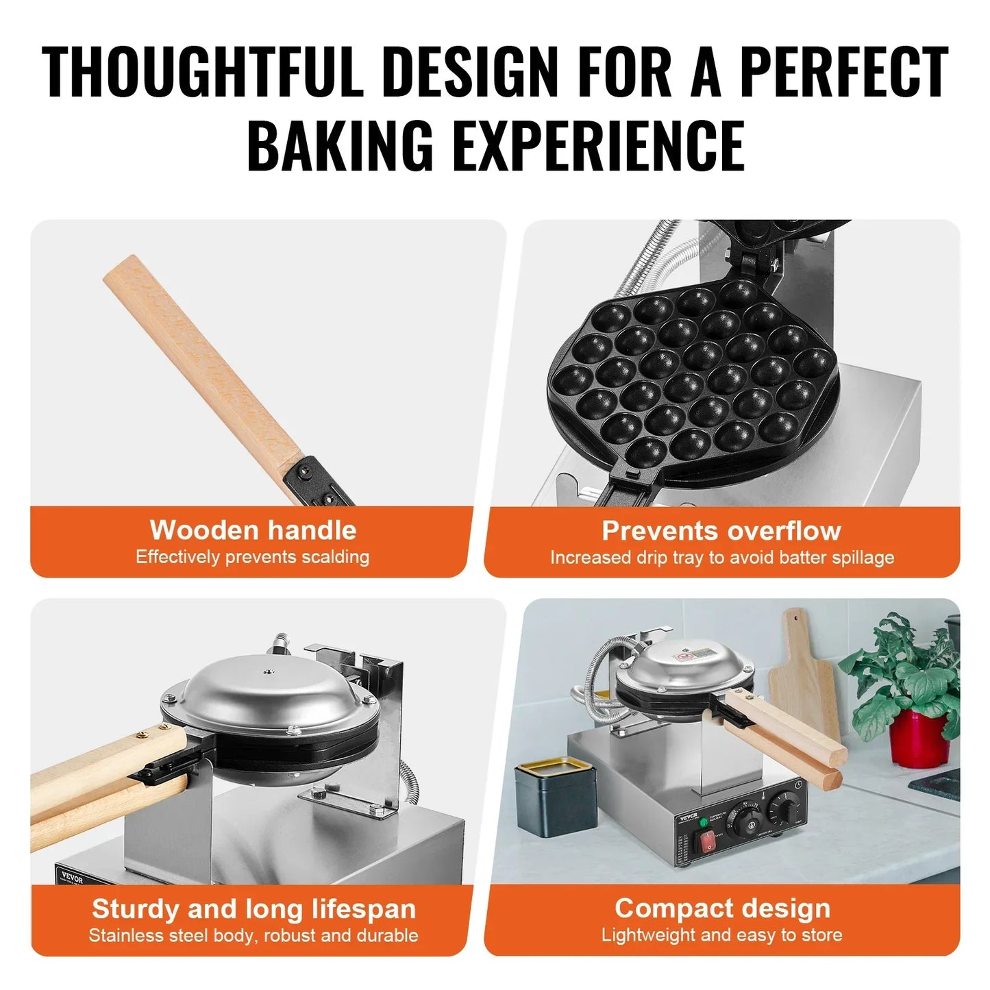 SucceBuy Commercial Egg Bubble Waffle Maker 1400W Non-Stick Stainless Steel Bubble Puff w/180° Rotatable 2 Pans & Wooden Handles