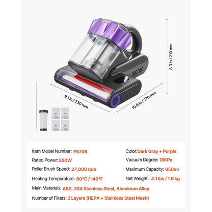 SucceBuy Mattress Vacuum Cleaner w/ 18Kpa Powerful Suction Dual Dust Bin HEPA Filter & Heating Ultrasound Handheld for Bed Sofa