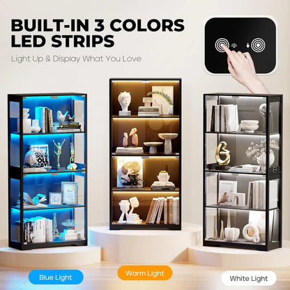 Display Cabinet with Glass Doors, 4-Tier Curio Cabinet with 3 Color Lights for Collectibles, Glass Display Case with Human Body