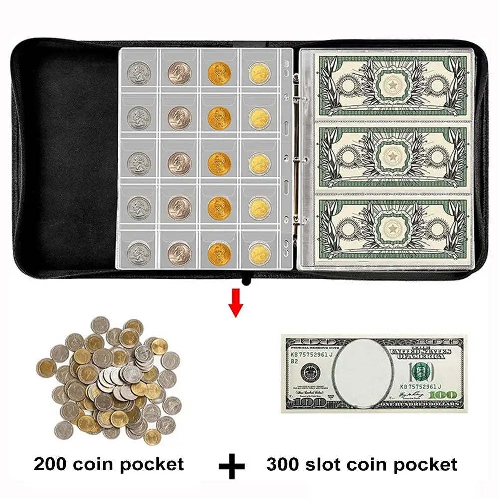 Portable Coin Collection Set 200 Coin 30 Paper Money Panels PVC Transparent Philatelic Book Album With Zipper Protection