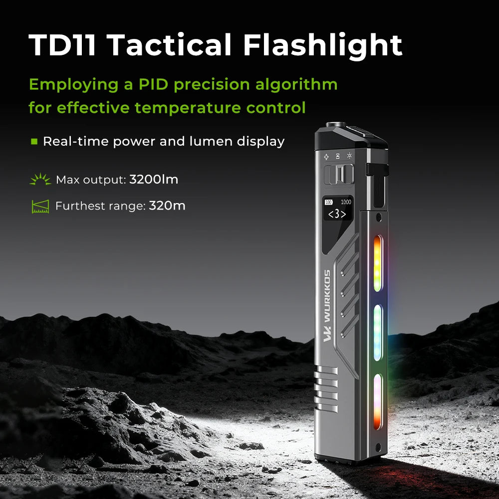Wurkkos TD11 Rechargeable Tactical Flashlight Portable Digital Display USB-C 3000Lm IPX6 Waterproof Tail Switch For Campi