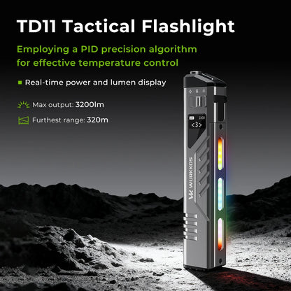 Wurkkos TD11 Rechargeable Tactical Flashlight Portable Digital Display USB-C 3000Lm IPX6 Waterproof Tail Switch For Campi