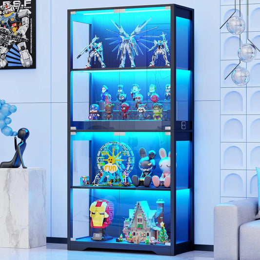 Display Cabinet with Glass Doors, 4-Tier Curio Cabinet with 3 Color Lights for Collectibles, Glass Display Case with Human Body